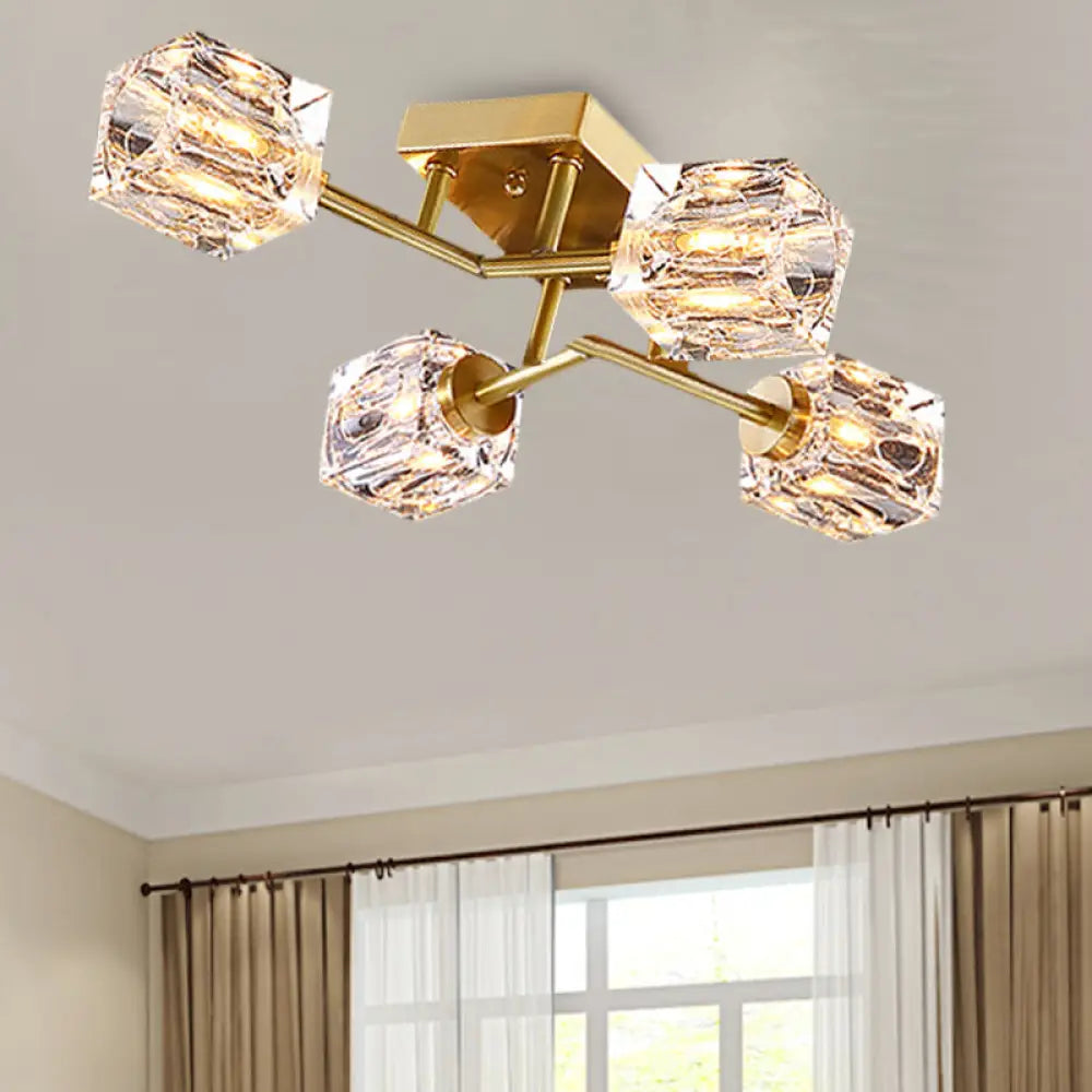 Postmodern Gold Crystal Semi Flush Mount Ceiling Light - Cubic Dimpled Design (4/6 Heads) 4 /