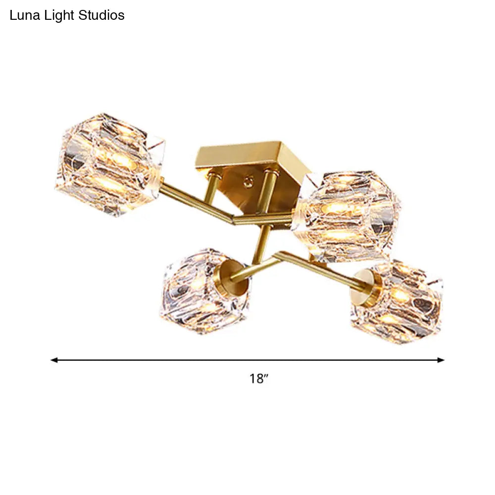 Postmodern Gold Crystal Semi Flush Mount Ceiling Light - Cubic Dimpled Design (4/6 Heads)