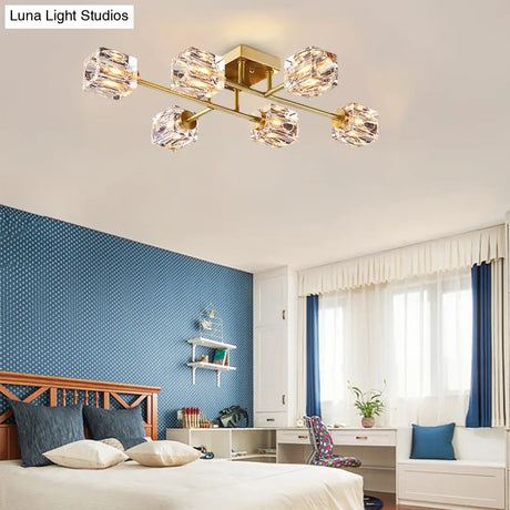 Postmodern Gold Crystal Semi Flush Mount Ceiling Light - Cubic Dimpled Design (4/6 Heads)