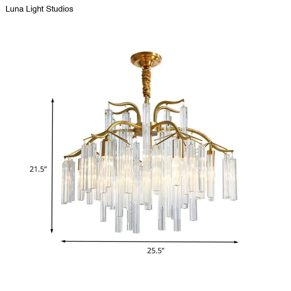 Postmodern Gold Curved Arm Chandelier With 7 Crystal Rod Heads - Tri-Sided Hanging Light Fixture