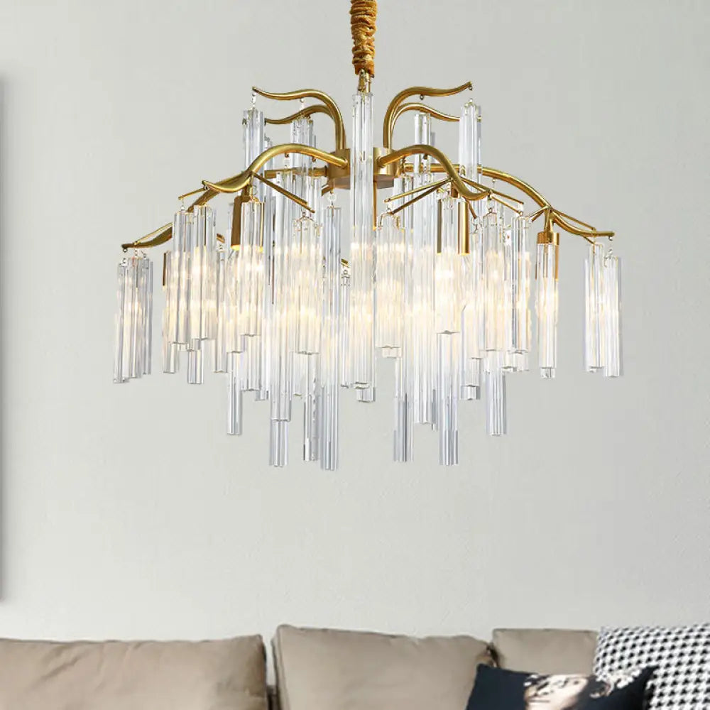 Postmodern Gold Curved Arm Chandelier With 7 Crystal Rod Heads - Tri-Sided Hanging Light Fixture