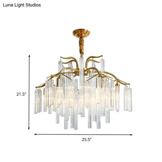 Tri-Sided Crystal Rod Chandelier - Elegant Gold Curved Arm Hanging Light Fixture 7 Heads Postmodern