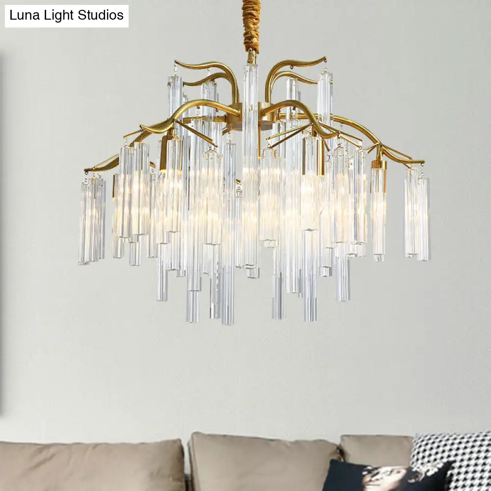 Tri-Sided Crystal Rod Chandelier - Elegant Gold Curved Arm Hanging Light Fixture 7 Heads Postmodern