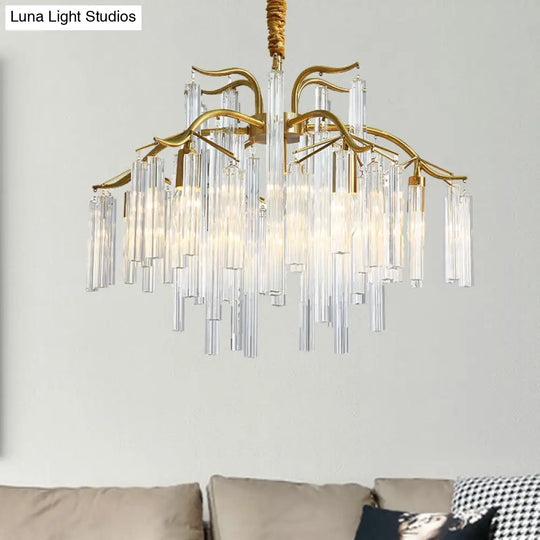 Tri-Sided Crystal Rod Chandelier - Elegant Gold Curved Arm Hanging Light Fixture 7 Heads Postmodern