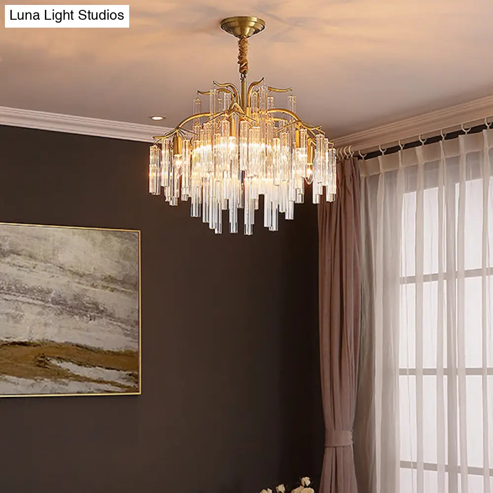 Postmodern Gold Curved Arm Chandelier With 7 Crystal Rod Heads - Tri-Sided Hanging Light Fixture