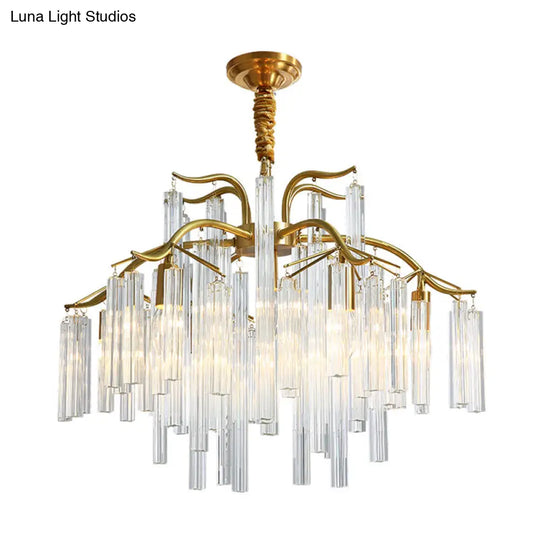 Postmodern Gold Curved Arm Chandelier With 7 Crystal Rod Heads - Tri-Sided Hanging Light Fixture