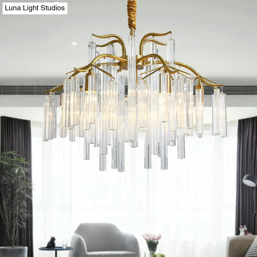 Tri-Sided Crystal Rod Chandelier - Elegant Gold Curved Arm Hanging Light Fixture 7 Heads Postmodern