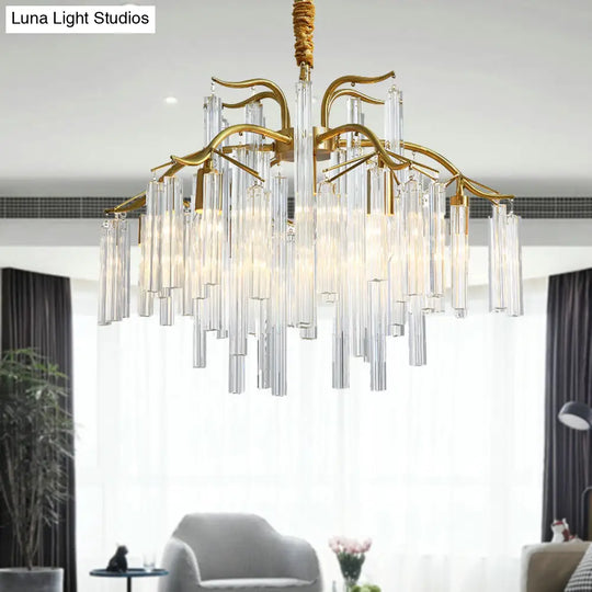 Tri-Sided Crystal Rod Chandelier - Elegant Gold Curved Arm Hanging Light Fixture 7 Heads Postmodern