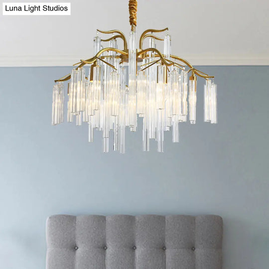 Postmodern Gold Curved Arm Chandelier With 7 Crystal Rod Heads - Tri-Sided Hanging Light Fixture