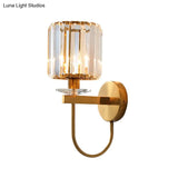 Postmodern Gold Cylindrical Crystal Wall Sconce With Curved Arm