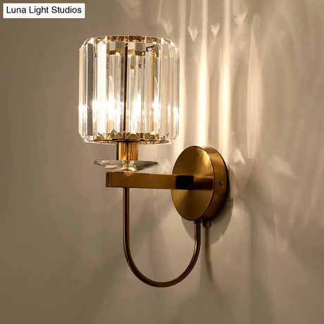 Postmodern Gold Cylindrical Crystal Wall Sconce With Curved Arm