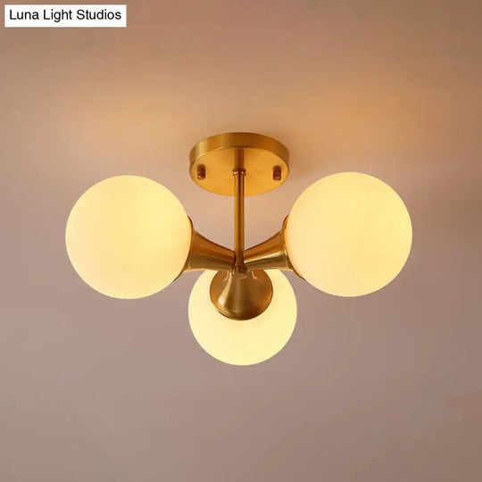 Postmodern Gold Finish Flush Mount Ceiling Light With White Glass Ball 3 /