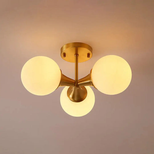 Postmodern Gold Finish Flush Mount Ceiling Light With White Glass Ball 3 /