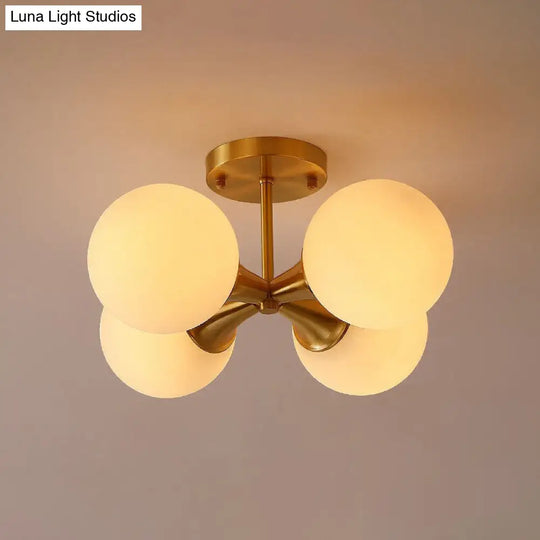 Postmodern Gold Finish Flush Mount Ceiling Light With White Glass Ball