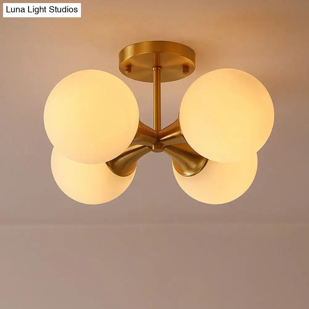 Postmodern Gold Finish Flush Mount Ceiling Light With White Glass Ball 4 /