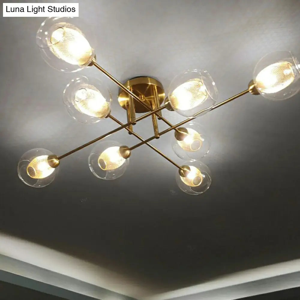 Postmodern Gold Finish Semi Flush Ceiling Light With Clear Glass Ball And Mesh Shade Inside