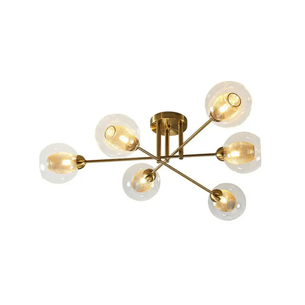 Postmodern Gold Finish Semi Flush Ceiling Light With Clear Glass Ball And Mesh Shade Inside 6 /