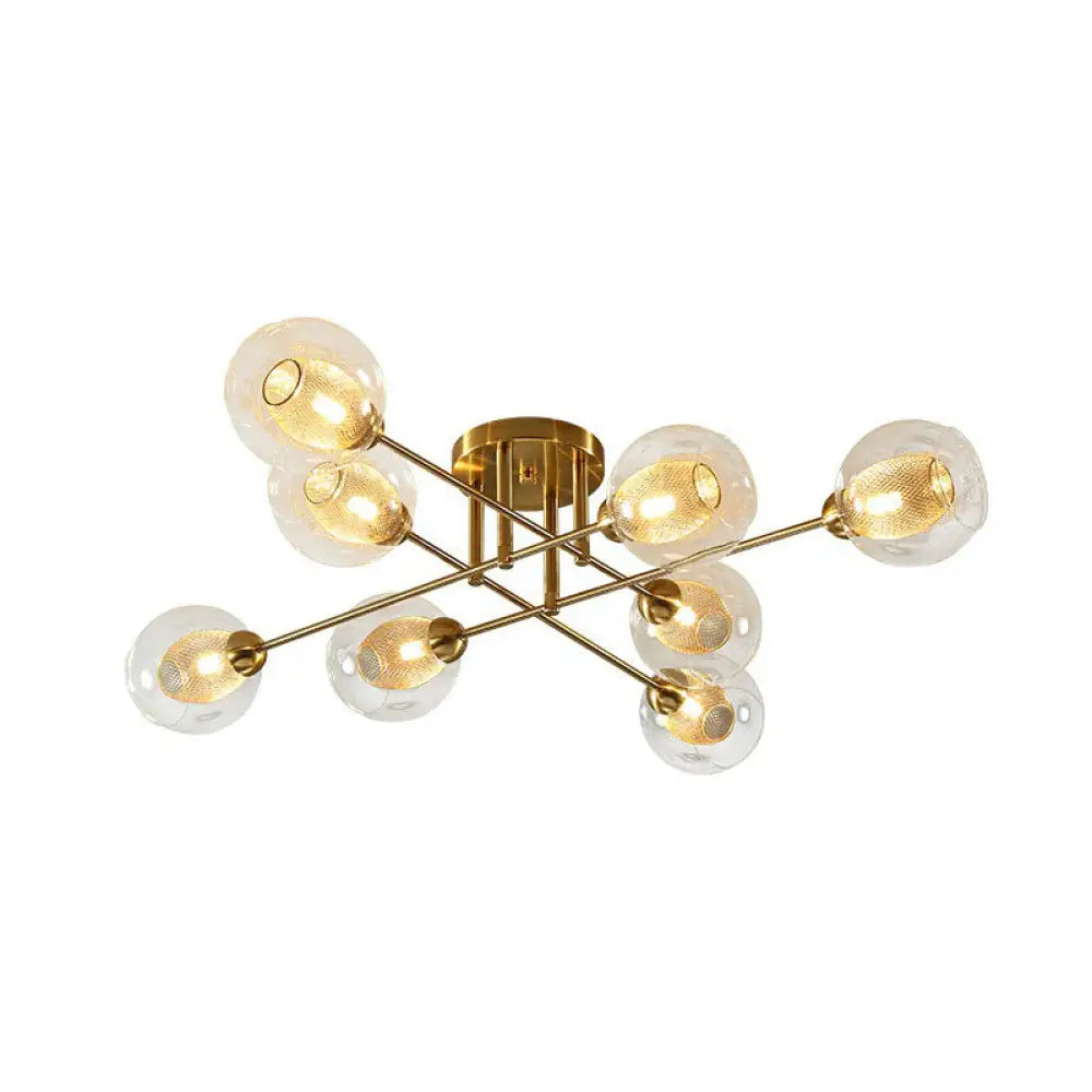 Postmodern Gold Finish Semi Flush Ceiling Light With Clear Glass Ball And Mesh Shade Inside 8 /