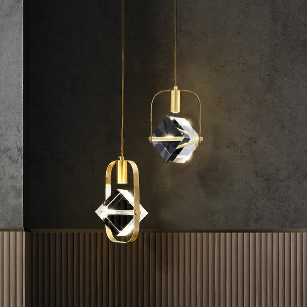 Postmodern Gold Hanging Lamp For Restaurants - 2-Head Cubic Multi Light Pendant With Metal Frame