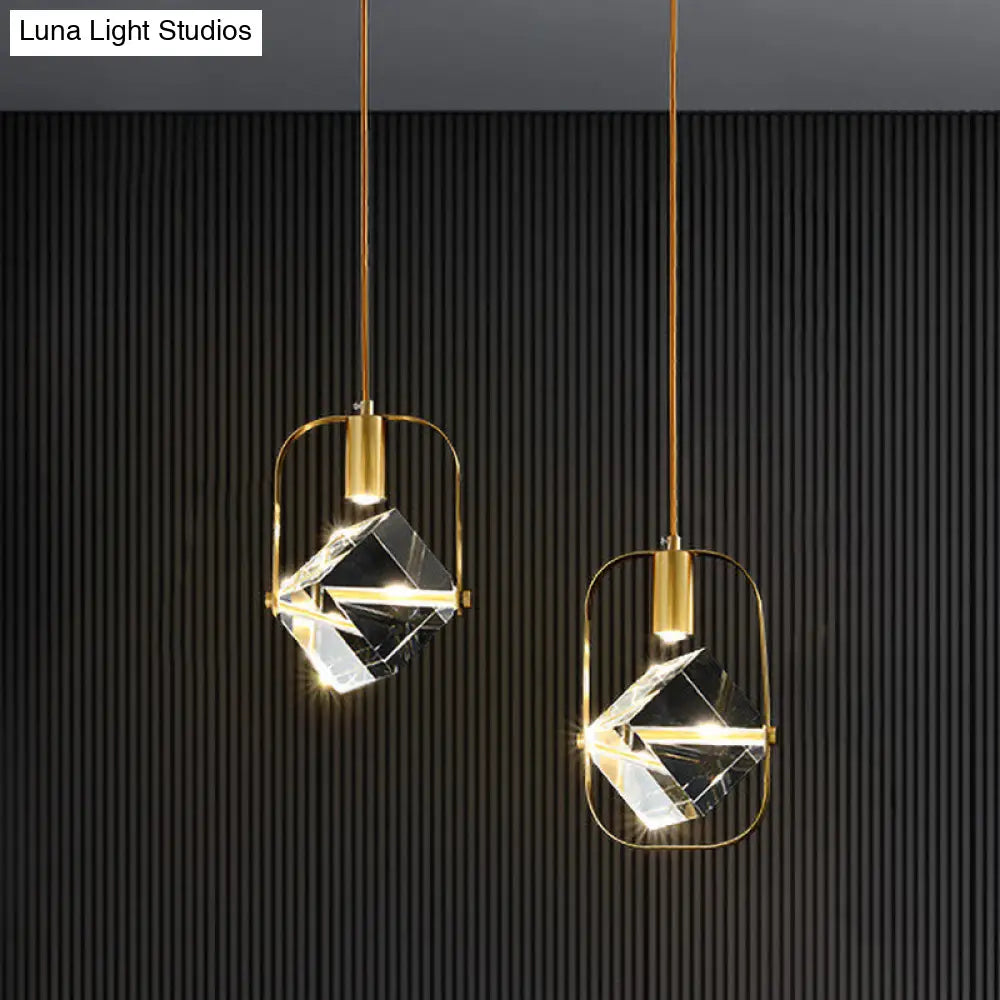 Postmodern Gold Hanging Lamp For Restaurants - 2-Head Cubic Multi Light Pendant With Metal Frame