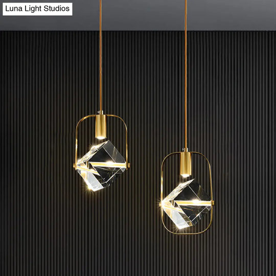 Postmodern Gold Hanging Lamp For Restaurants - 2-Head Cubic Multi Light Pendant With Metal Frame