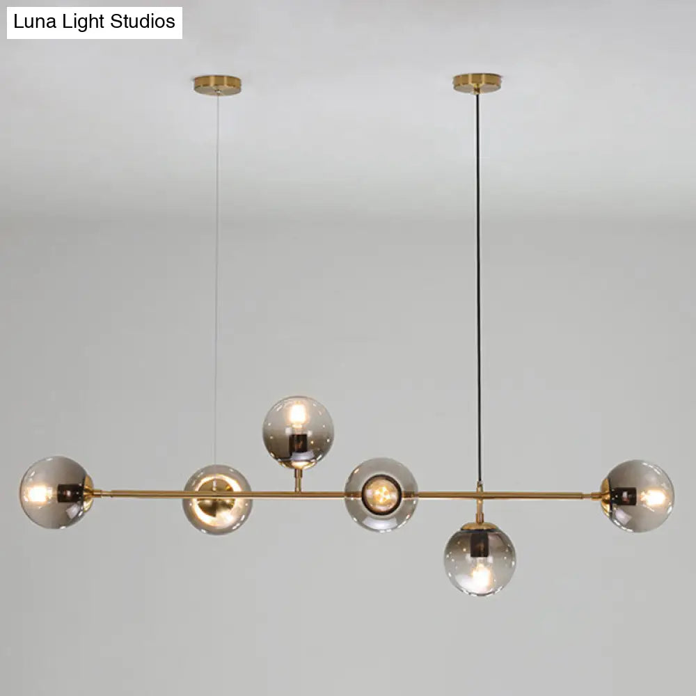 Postmodern Gold Finish Dining Room Island Lighting Pendant With Ball Glass Shade - 6 Bulbs Smoke