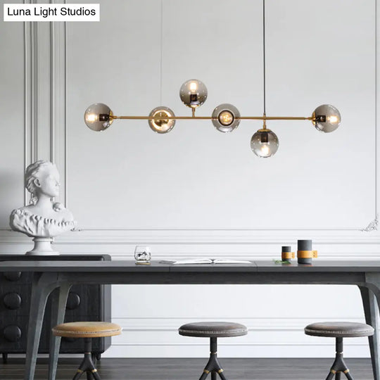 Postmodern Gold Finish Dining Room Island Lighting Pendant With Ball Glass Shade - 6 Bulbs