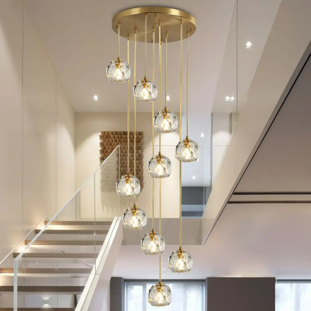 Postmodern Gold K9 Crystal Cluster Pendant Light - Elegant Hanging Lamp For Stairway 10 /