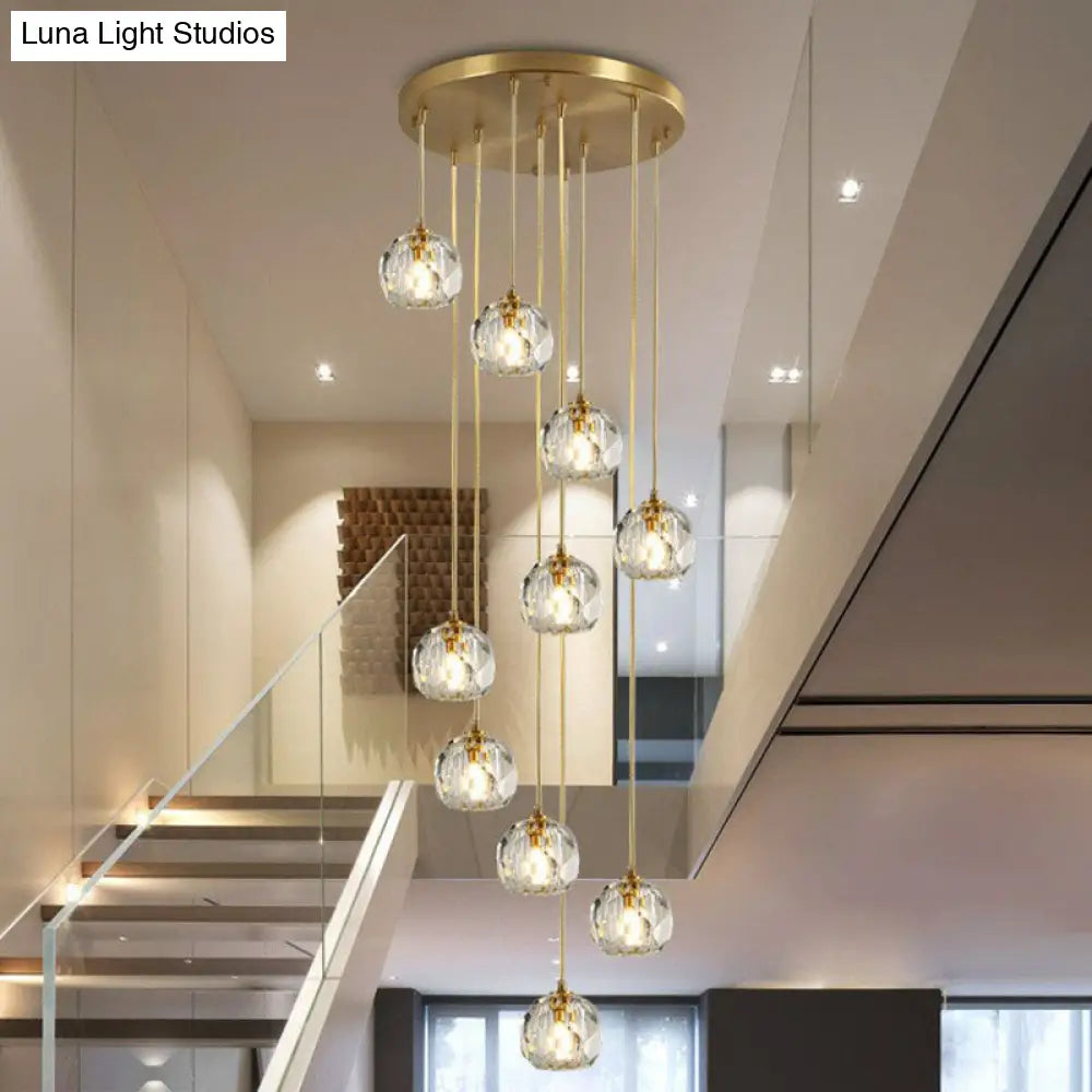 Postmodern Gold K9 Crystal Cluster Pendant Light - Elegant Hanging Lamp For Stairway