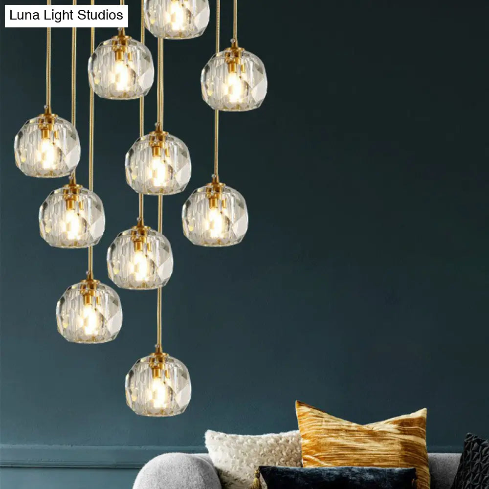 Postmodern Gold K9 Crystal Cluster Pendant Light - Elegant Hanging Lamp For Stairway