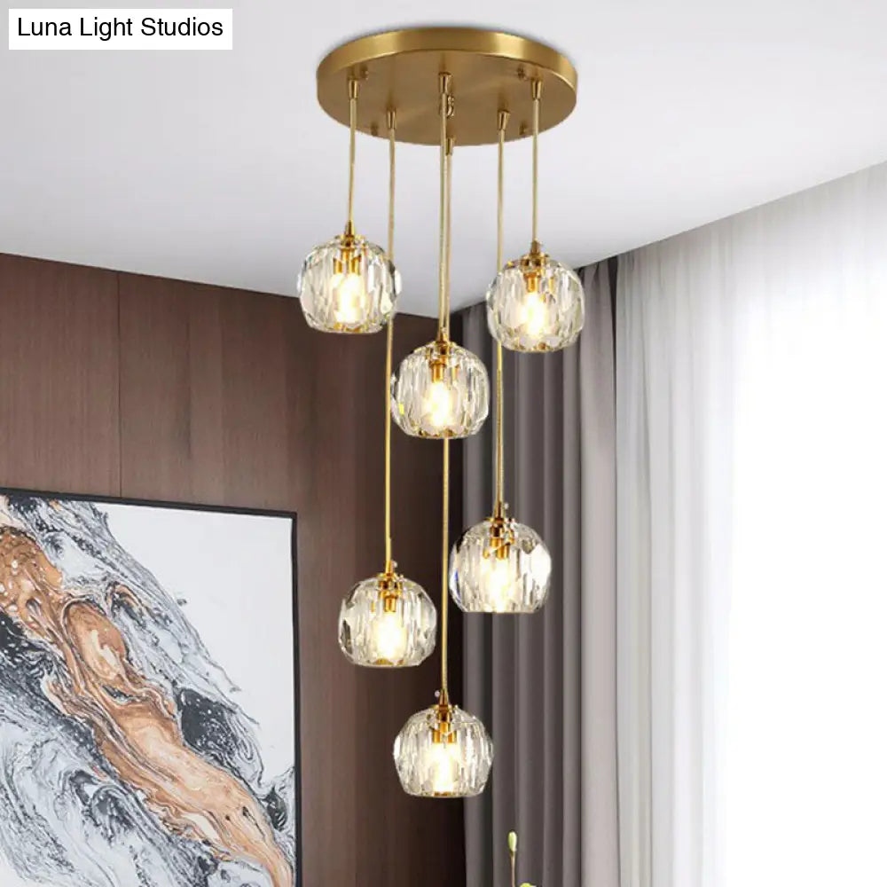Postmodern Gold K9 Crystal Cluster Pendant Light - Elegant Hanging Lamp For Stairway