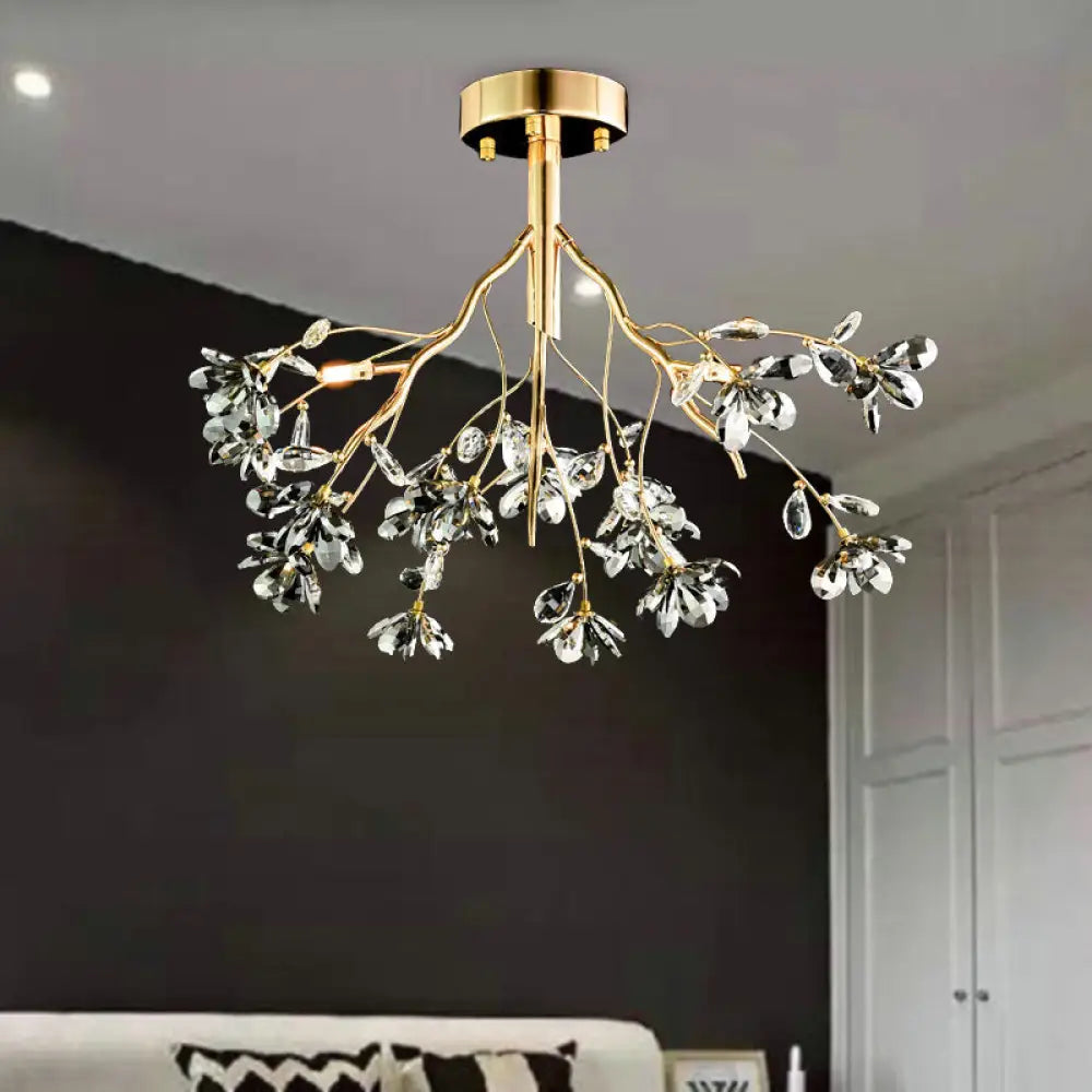 Postmodern Gold Leaf Crystal Semi Flush Mount Ceiling Lamp With 3 Branch - Style Heads