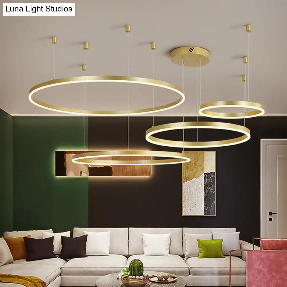 Postmodern Style Gold Led Chandelier - 3/4/5 Tiered Hoop Metal Ceiling Light For Living Room