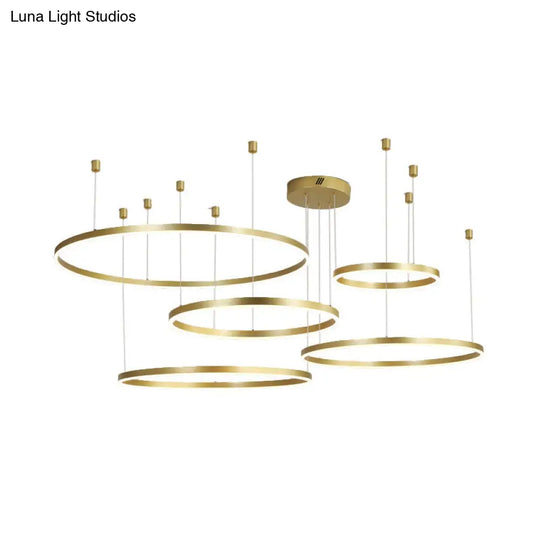 Postmodern Style Gold Led Chandelier - 3/4/5 Tiered Hoop Metal Ceiling Light For Living Room