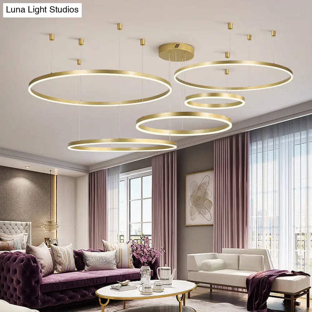 Postmodern Style Gold Led Chandelier - 3/4/5 Tiered Hoop Metal Ceiling Light For Living Room / 5