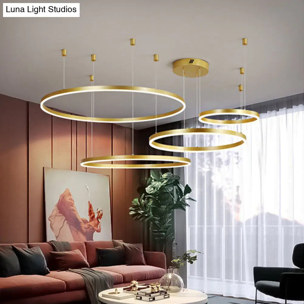 Postmodern Style Gold Led Chandelier - 3/4/5 Tiered Hoop Metal Ceiling Light For Living Room