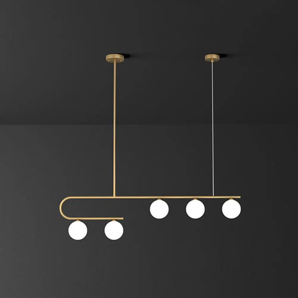 Postmodern Gold Linear Island Pendant Light With Ivory Ball Glass - Led Hanging Lamp 5 /