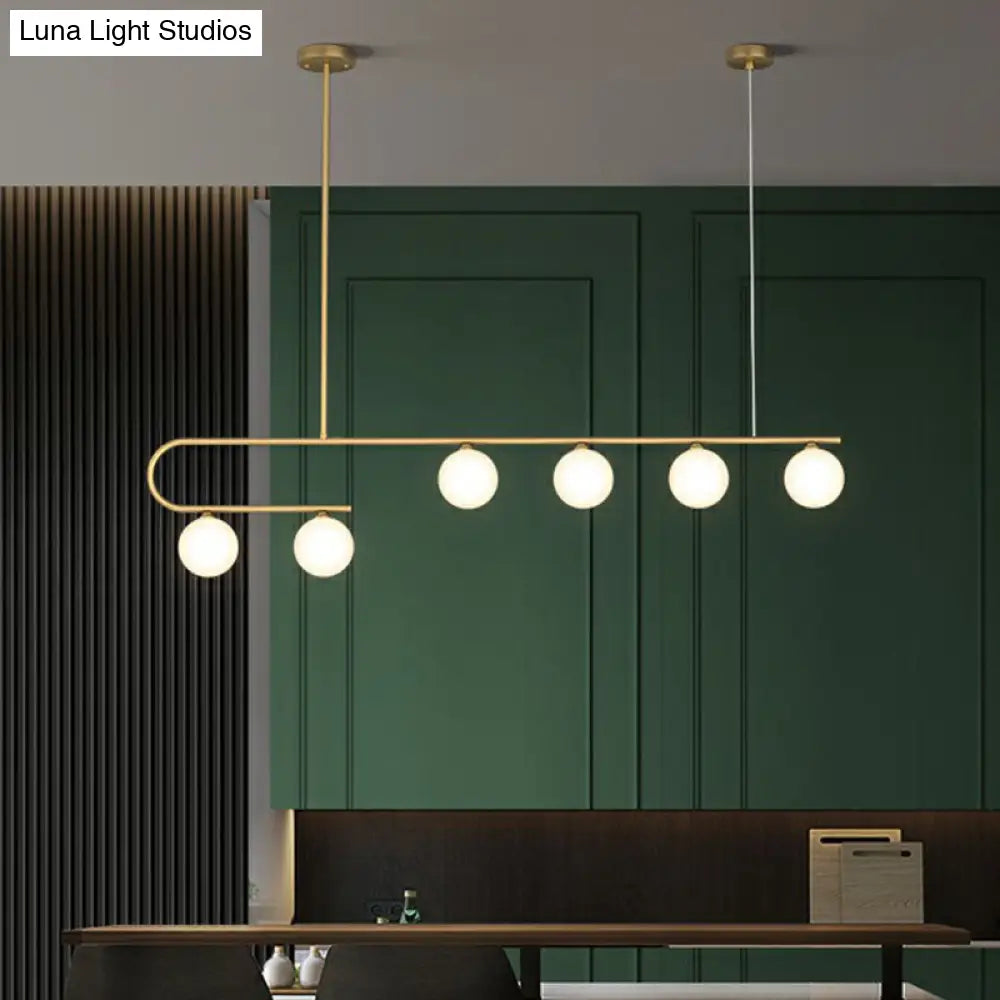 Postmodern Gold Linear Island Pendant Light With Ivory Ball Glass - Led Hanging Lamp