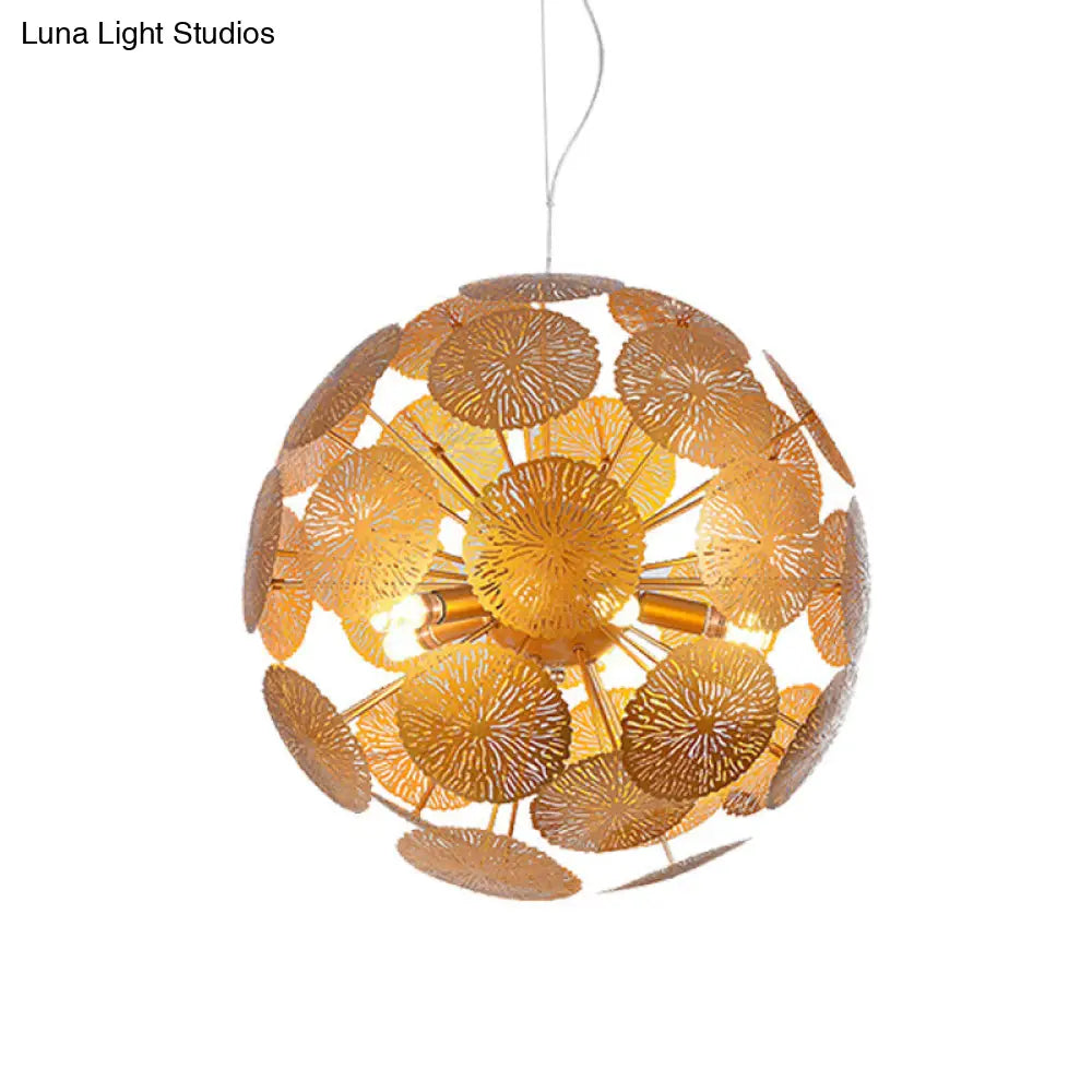 Postmodern Gold Lotus Leaf Chandelier With 5 Globe Pendant Lights