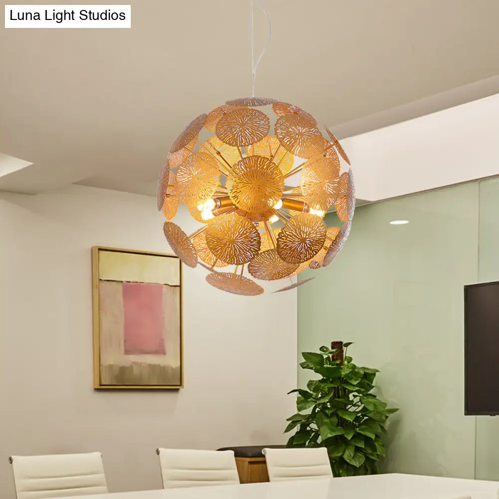 Postmodern Gold Lotus Leaf Chandelier With 5 Globe Pendant Lights