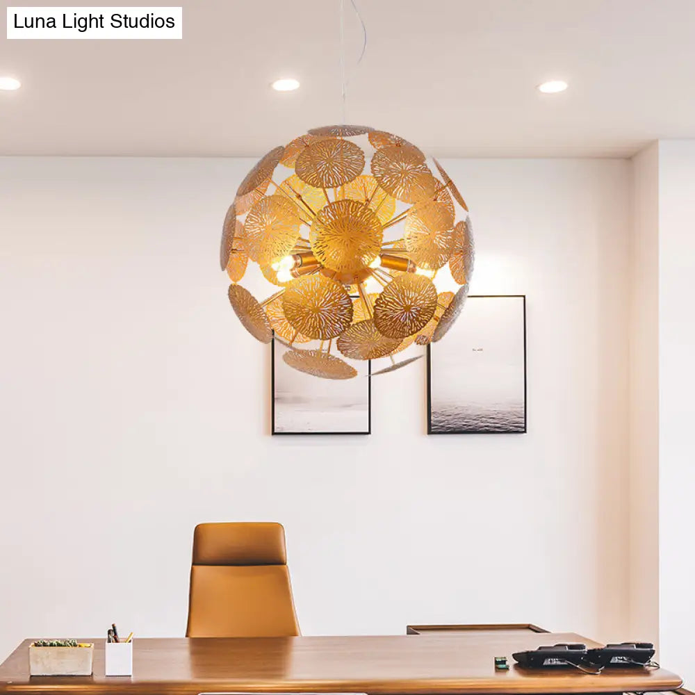 Postmodern Gold Lotus Leaf Chandelier With 5 Globe Pendant Lights