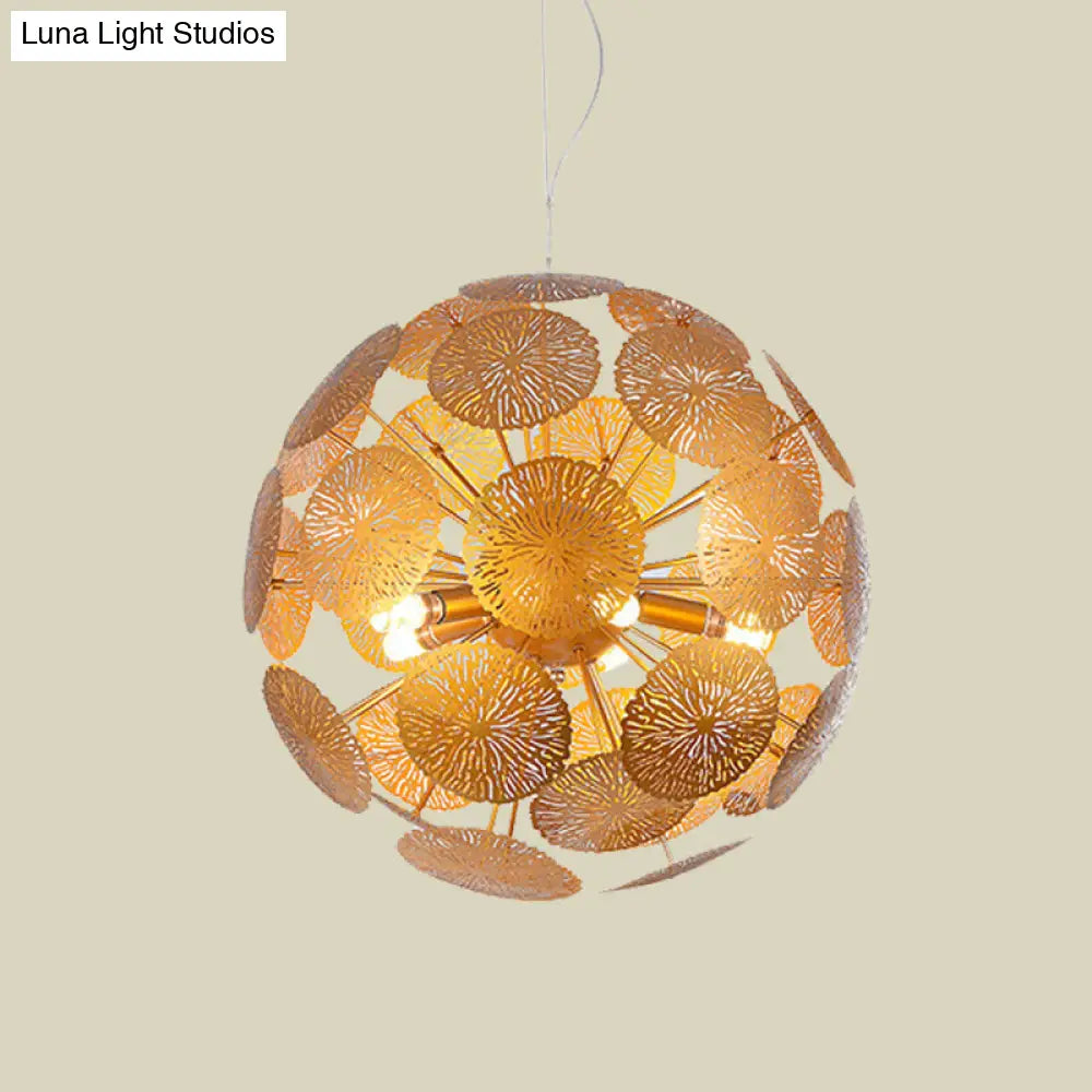 Postmodern Gold Lotus Leaf Chandelier With 5 Globe Pendant Lights