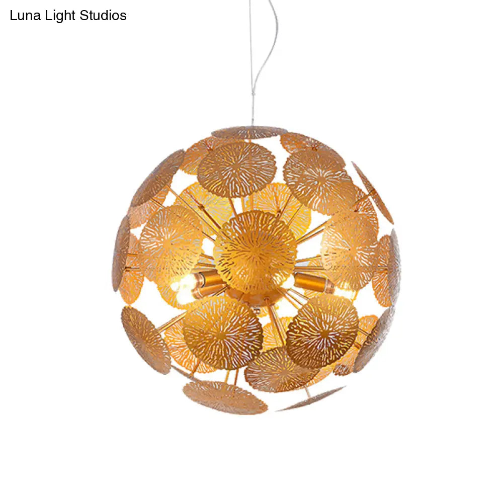 Postmodern Gold Lotus Leaf Chandelier Pendant Light With Globe Design - 5-Head Metal Fixture