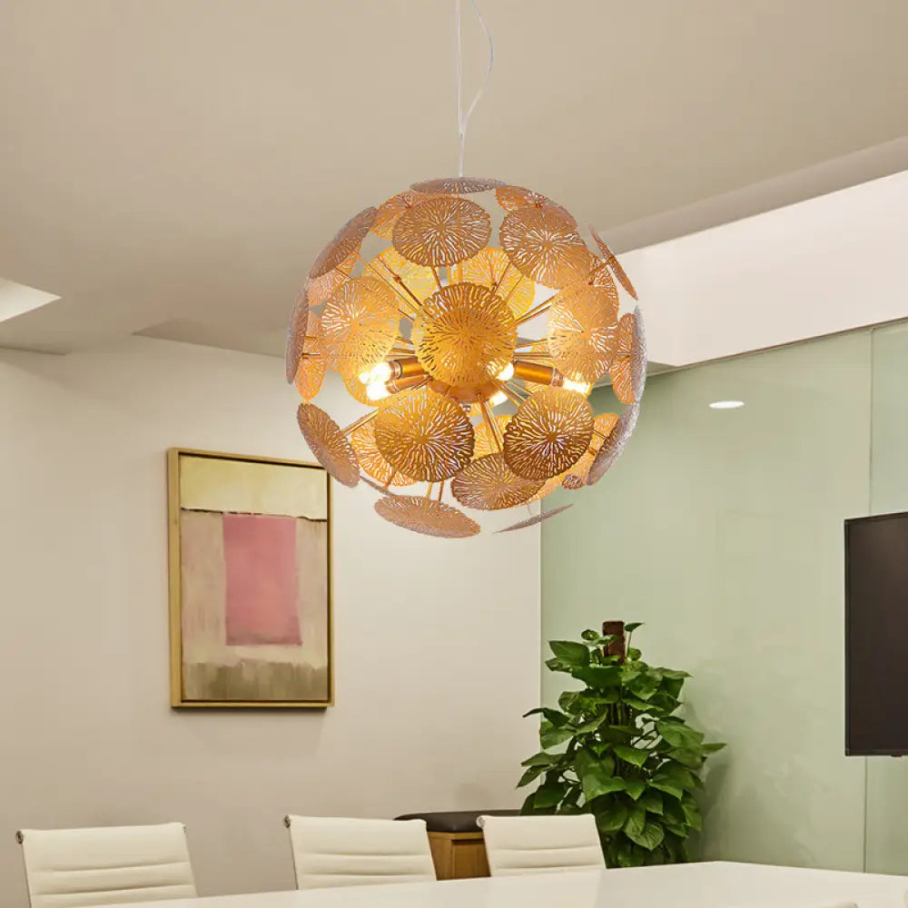 Postmodern Gold Lotus Leaf Chandelier Pendant Light With Globe Design - 5-Head Metal Fixture