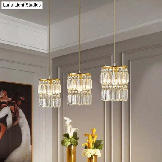 Postmodern 3-Head Gold Hanging Lamp Kit With Cylinder Crystal Prisms