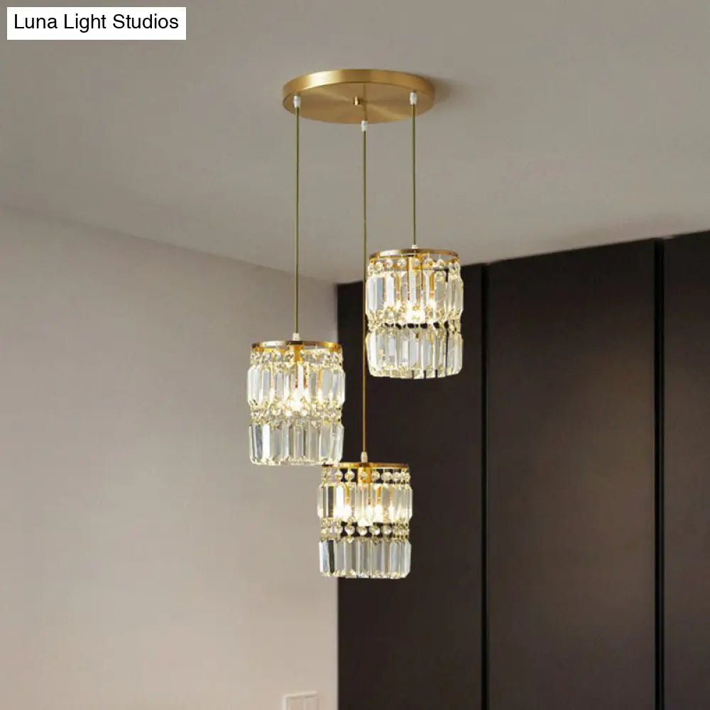 Postmodern Gold Pendant Lamp With 3 Cylinder Crystal Prisms