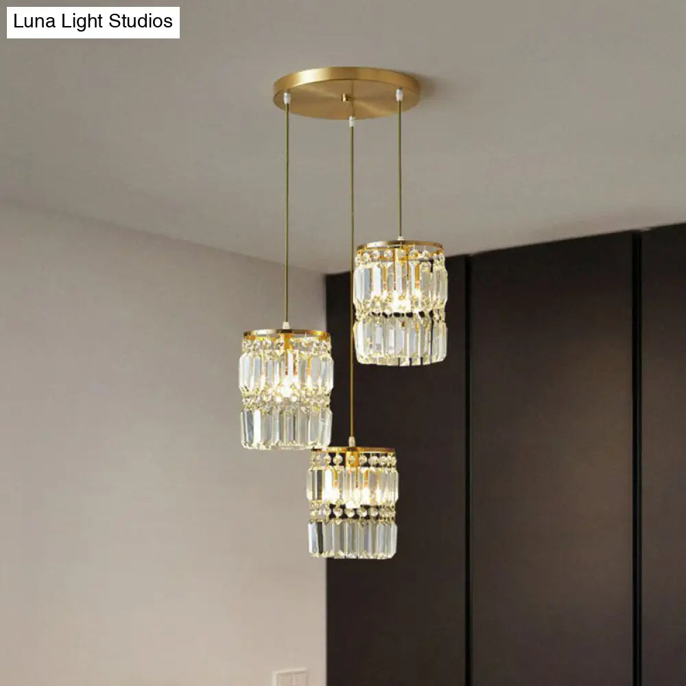 Postmodern 3-Head Gold Hanging Lamp Kit With Cylinder Crystal Prisms