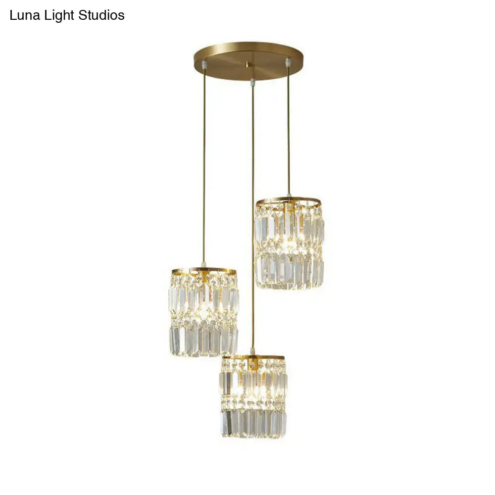 Postmodern 3-Head Gold Hanging Lamp Kit With Cylinder Crystal Prisms