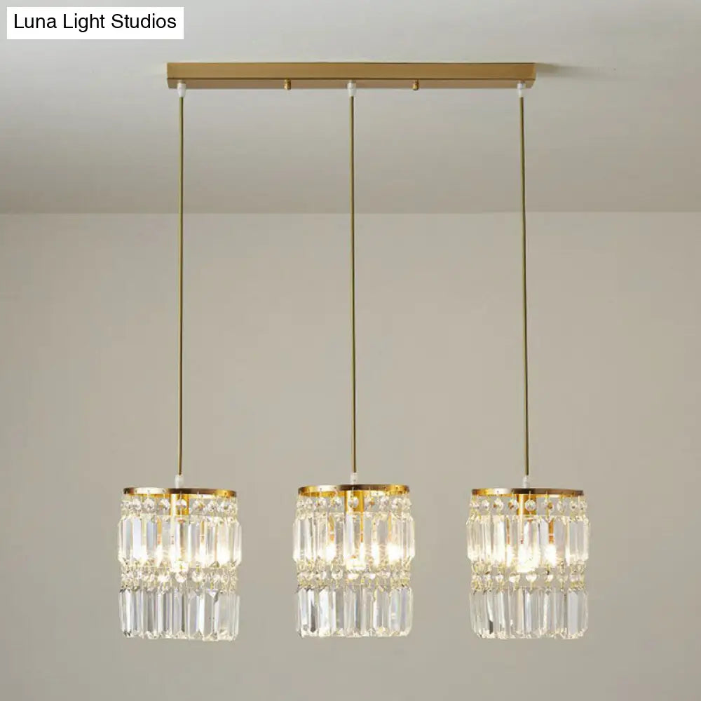 Postmodern 3-Head Gold Hanging Lamp Kit With Cylinder Crystal Prisms / Linear