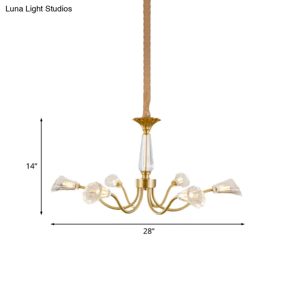 Postmodern Gold Ribbed Crystal Cone Chandelier - 6-Head Burst Design Hanging Light Fixture